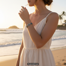 Load image into Gallery viewer, A woman in a white sleeveless dress stands on a beach at sunset, wearing a fork bracelet with flower heart connector on her wrist. The background shows ocean waves, sand, and palm trees.  A small 'AI-generated visual' label appears at the bottom.