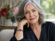 Load image into Gallery viewer, Female model wearing a red abalone shell magnetic hematite bracelet, seated indoors with soft natural lighting.  A small "AI-generated visual" label appear at the bottom of image.