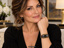 Load image into Gallery viewer, Model wearing an antique bronze and black magnetic hematite bracelet in a softly lit indoor setting.  A small "AI-generated visual" label appears at the bottom of the image.