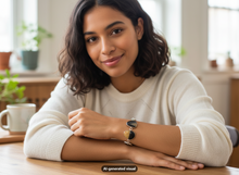 Load image into Gallery viewer, Model wearing a large agate stone statement bracelet featuring brown and black agate stones set in a metallic band, shown in a cozy indoor environment.  A small AI-generated visual" label appears at the bottom of the image.