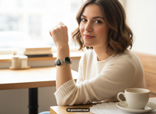 Load image into Gallery viewer, Model wearing a large agate stone statement bracelet with round green and black agate stones, seated at a café table with natural lighting.  A small "AI-generated visual" label appears at bottom of the image.