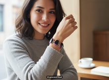 Load image into Gallery viewer, Model wearing a large agate stone statement bracelet featuring glossy pink and black agate pieces, shown in a soft indoor setting.  A small "AI-generated visual" label appears at bottom of the image.