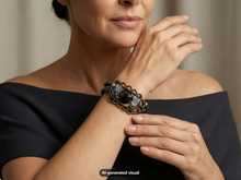 Load image into Gallery viewer, Model wearing an antique bronze and black magnetic hematite bracelet featuring a central gemstone and decorative accents.  A small "AI-generated visual" label appears at the bottom of the image.