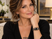 Load image into Gallery viewer, Model wearing an antique bronze and black magnetic hematite bracelet with matching earrings, seated in a warm indoor environment.  A small "AI-generated visual" label appears at the bottom of the image.