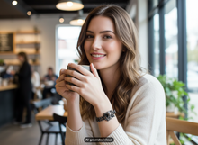 Load image into Gallery viewer, model wearing a black and silver magnetic hematite bracelet with decorative square floral centerpiece, shown in a soft indoor setting.  A small "AI-generated visual" label appears at the bottom 