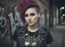 Load image into Gallery viewer, A person with bright pink hair, a black studded leather jacket, and a graphic t-shirt, and a punk rock winged skull bee pendant necklace, stands in an urban alleyway.   A small 'AI-generated visual' label appears at the bottom.