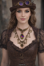 Load image into Gallery viewer, Woman in steampunk attire with a hat and a set of steampunk gears and keys necklaces which include a copper steampunk angel wings and gear necklace with rainbow crystal  pendant and a steampunk clockwork gear necklace against a blurred background.  A small "AI-generated visual" label is at the bottom.