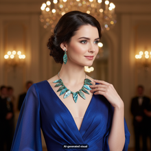 Load image into Gallery viewer, A woman in a royal blue evening gown wearing a statement iridescent teal color mother of pearl leaf necklace and matching earrings, posing in a grand, warmly lit ballroom.  A small 'AI-generated visual' label is visible at the bottom.