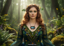 Load image into Gallery viewer, A woman with long wavy red hair stands in a sunlit forest wearing an ornate green and blue dress with floral embroidery, a leafy floral crown, and a copper framed labradorite pendant necklace.  A small "AI-generated visual" is at the bottom"
