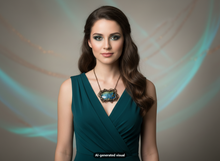 Load image into Gallery viewer, A woman with long wavy brown hair is shown from the chest up, wearing a sleeveless deep teal V-neck dress and a copper framed labradorite pendant necklace. She is centered against a soft gray studio background with glowing teal light streaks.  A small "AI-generated visual" is at the bottom.