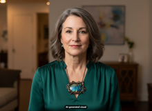 Load image into Gallery viewer, A woman with gray hair wearing a teal green blouse and copper framed labradorite pendant necklace, photographed in a softly blurred indoor living room setting. A small 'AI-generated visual' label is at the bottom.