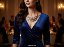 Load image into Gallery viewer, A woman wearing a deep blue velvet wrap dress and a silver filigree statement necklace, standing in a warmly lit, blurred event hall.