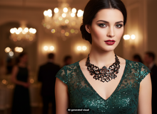 Load image into Gallery viewer, A woman in a formal indoor setting wearing a dark teal lace dress and a large ornate black filigree statement necklace. The background features warm, blurred chandeliers and other guests.  A small "AI-generated visual" label is at the bottom.