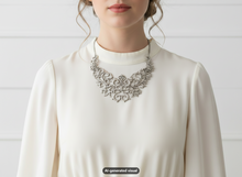 Load image into Gallery viewer, A close-up of a woman wearing a cream-colored mock-neck blouse and a silver filigree collar necklace, set against a white paneled wall background.