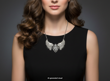 Load image into Gallery viewer, A woman wearing a silver winged pendant necklace with a heart-shaped center, styled with a black sleeveless top against a dark gray background. A small "AI-generated visual appears at the bottom"