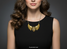 Load image into Gallery viewer, A woman wearing a black sleeveless top and a gold winged heart pendant necklace, against a dark gray studio background. A small 'AI-generated visual' label appears at the bottom.