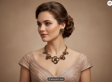 Load image into Gallery viewer, A woman with styled brown hair wears an ornate bronze-toned flower statement necklace and matching earrings, paired with a champagne beige lace dress against a warm beige studio background.  A small "AI-generated visual" label appears at the bottom