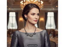 Load image into Gallery viewer, A woman with styled brown hair wears a dark gray dress and a antique silver-toned flower statement necklace with matching earrings, standing in a softly blurred elegant indoor setting with chandeliers and windows.  A small "AI-generated visual" appears at the bottom.