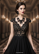 Load image into Gallery viewer, A woman wearing a goth style black rose filigree necklace with white rhinestones and a matching pair of stud dangle rose earrings and a black lace and satin formal gown with cap sleeves, a deep V-neckline, and a full skirt, posed in a grand, warmly lit hallway. A small "AI-generated visual" label appears at the bottom.