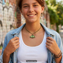 Load image into Gallery viewer, A smiling young woman outdoors wearing a glow in the dark UFO alien necklace lit up green, styled with a white tank top, open light blue denim jacket, and bracelets. A small 'AI-generated visual' label appears at the bottom. 