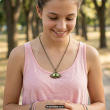Load image into Gallery viewer, A smiling young woman in a pink tank top wearing a bronze-toned light-up green UFO alien necklace, standing in a blurred park setting.  A small "AI-generated visual" label appears at the bottom.
