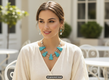 Load image into Gallery viewer, A woman wearing a cream-colored wrap top and a turquoise howlite geometric statement necklace and a pair of matching dangle earrings photographed in a bright, softly blurred outdoor patio setting. A small 'AI-generated visual' label is visible at the bottom.