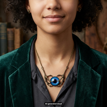 Load image into Gallery viewer, A close-up lifestyle shot of a person wearing a bronze-toned dragon claw necklace with blue eye pendant, styled with a dark green velvet blazer and a dark satin shirt.  A small "AI-generated visual" label appears at the bottom