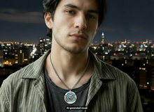 Load image into Gallery viewer, A man wearing a antique silver tone blue glow sun and moon locket necklace hangs with a cable chain, set against a blurred nighttime city skyline. The text 'AI-generated visual' is visible at the bottom.