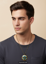 Load image into Gallery viewer, A man wearing a glow in the dark vintage owl locket necklace, styled with a dark gray t-shirt against a solid beige background.  A small "AI-generated visual" appears at the bottom.