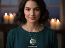 Load image into Gallery viewer, A woman with dark wavy hair wearing a dark teal top and a glow in the dark owl locket necklace, set against a softly blurred background with warm candlelight.  A small "AI-generated visual" label appears at the bottom.