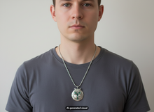 Load image into Gallery viewer, A man wearing a silver owl pendant necklace on a chain over a dark gray t-shirt, against a plain light gray background.  A small "AI-generated visual" label appears at the bottom. 