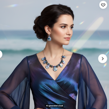 Load image into Gallery viewer, A woman with dark hair styled in an updo is shown from the chest up, wearing a blue iridescent wrap dress with sheer sleeves and a matching blue iridescent shell and baroque pearl statement necklace and matching shell earrings set. The background is a soft-focus beach scene.   A small "AI-generated visual"  label is visible at the bottom.