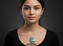 Load image into Gallery viewer, A woman wearing a blue glow silver owl locket necklace, shown from the chest up against a dark gray studio background. The necklace is centered on her chest, and a small 'AI-generated visual' watermark appears at the bottom.