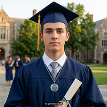 Load image into Gallery viewer, A young man wearing a glow in the dark compass locket necklace and a navy blue graduation cap and gown stands outdoors on a college campus holding a rolled diploma. The background shows blurred stone buildings and green trees.  A small "AI-generated visual" label appears at the bottom.