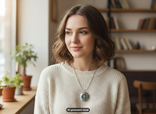 Load image into Gallery viewer, A woman with shoulder-length brown hair wearing a cream knit sweater and a silver compass locket necklace, standing indoors in a softly lit room with bookshelves and potted plants in the background.  A small AI-generated visual" appears at the bottom.