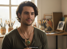 Load image into Gallery viewer, A man with dark hair and a beard wearing a dark olive green henley shirt and a bronze moon fairy locket necklace, standing in a softly lit art studio with paintbrushes and framed artwork in the background.  A small "AI-generated visual" label appears at the bottom.
