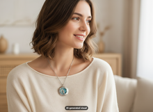 Load image into Gallery viewer, A woman with shoulder-length brown hair wearing a cream-colored knit top and a silver glow in the dark moon fairy locket necklace.  She is shown in a softly lit indoor setting with a blurred background.  A small "AI-generated visual" label appears at the bottom.