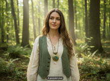 Load image into Gallery viewer, A woman stands in a sunlit forest wearing a cream linen blouse, a textured sage green vest, and a antique bronze tone moon fairy locket necklace with connector design. A small 'AI-generated visual' label is visible at the bottom.