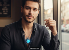 Load image into Gallery viewer, A man wearing a dark textured button-up shirt and a glow in the dark dragon claw necklace with blue glowing orb, posed in front of a window.  A small "AI-generated visual" label appears at the bottom.