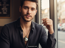 Load image into Gallery viewer, A man wearing a dark textured button-up shirt and a antique bronze dragon claw pendant necklace with a pale green orb, posed in front of a window.  A small "AI-generated visual" label appears at the bottom.