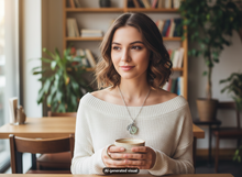Load image into Gallery viewer, A woman with wavy brown hair sits at a wooden table in a cozy, book-filled room, holding a cup. She is wearing a cream off-the-shoulder knit sweater and a silver dragon claw pendant necklace with a pale green orb.  A small "AI-generated visual" label appears at the bottom.