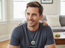 Load image into Gallery viewer, A smiling dad in a gray t-shirt wearing a glow-in the dark silver tree of life silver locket necklace, with his baby's hand resting on his shoulder in a brightly lit living room.  A small "  'AI-generated visual' label appears at the bottom.