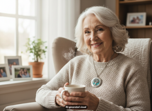 Load image into Gallery viewer, An elderly woman with white hair sits in a beige armchair by a window, holding a white mug. She wears a beige knit sweater and a silver tree of life locket necklace with blue glow.  A small "AI-generated visual" label appears at the bottom.