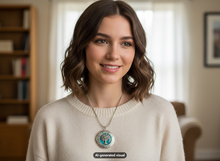 Load image into Gallery viewer, A smiling young woman with shoulder-length brown hair wearing a cream knit sweater and a blue glow silver tree of life locket necklace, photographed indoors with a softly blurred bookshelf and window in the background. A small 'AI-generated visual' label appears at the bottom.