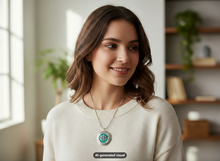 Load image into Gallery viewer, A woman with shoulder-length brown hair wearing a cream knit sweater and a glow in the dark snowflake locket necklace, shown in a softly lit indoor setting.  A small "AI-generated visual" label appears at the bottom.