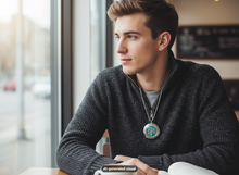 Load image into Gallery viewer, A young man in a dark gray knit sweater sits by a window, looking out. He is wearing a silver-toned snowflake locket necklace.  A small "AI-generated visual" label appears at bottom.