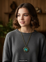 Load image into Gallery viewer, A woman with wavy brown hair wearing a gray knit sweater and glow in the dark gold brass fairytale locket necklace, posed against a warm wood-paneled background.  A small "AI-generated visual" label appears at the bottom.