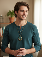 Load image into Gallery viewer, A man wearing a teal long-sleeve henley shirt and a large round wonderland charm locket necklace with girl and cat design,  standing in a softly lit indoor setting.  A small "AI-generated visual" appears at the bottom.