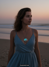 Load image into Gallery viewer, A woman wearing a blue dress stands on a beach at sunset, wearing a glowing blue silver mermaid and starfish locket necklace. The background shows the ocean and a soft pink and orange sky.   small "AI-generated visual" appears at the bottom.