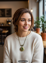 Load image into Gallery viewer, A woman with brown hair wearing a cream-colored knit sweater and a bronze glow in the dark bird locket necklace with triangular filigree hanger, photographed in a softly blurred indoor setting with warm lighting.  A small "AI-generated visual label appears at the bottom.